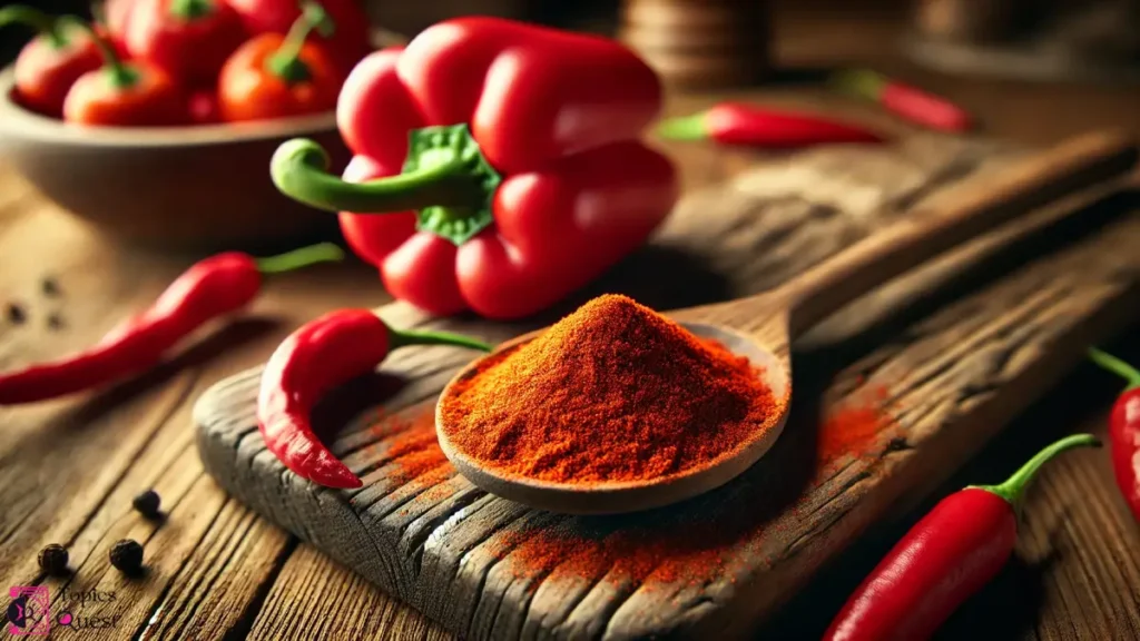 A picture of a kitchen. in the kitchen the paprika powder in the spoon show what is paprika made of.