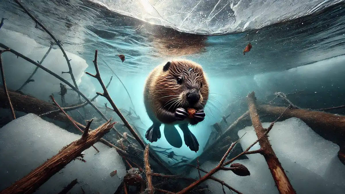 A beaver swimming in the water and looking for food which show do beavers eat fish