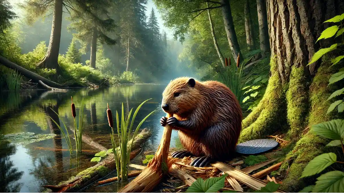 A image of a beaver eating the wood and tell what do beavers eat in the wild.