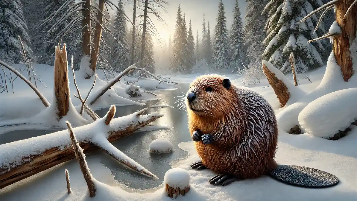 A image of beaver which is standing on the snow in the winter and looking for food. this image show A image of beaver who is eating the Wood and that show do beavers eat wood.