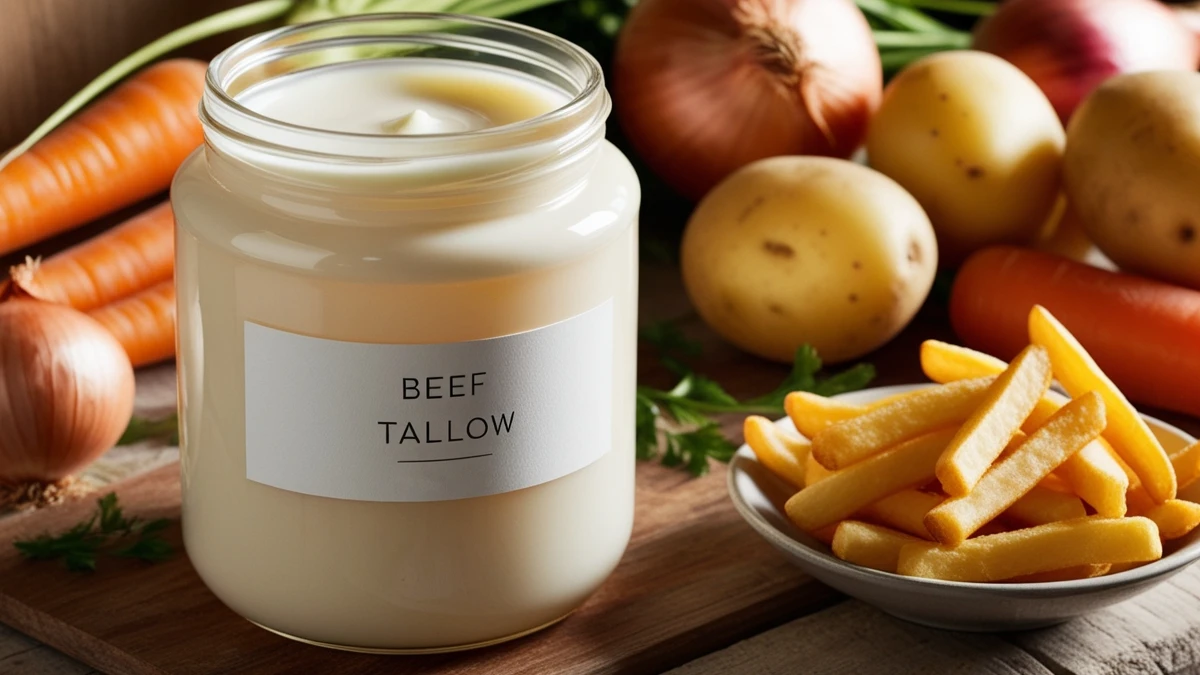 A picture of beef tallow on the table with other tings like fries, onion. carrot.