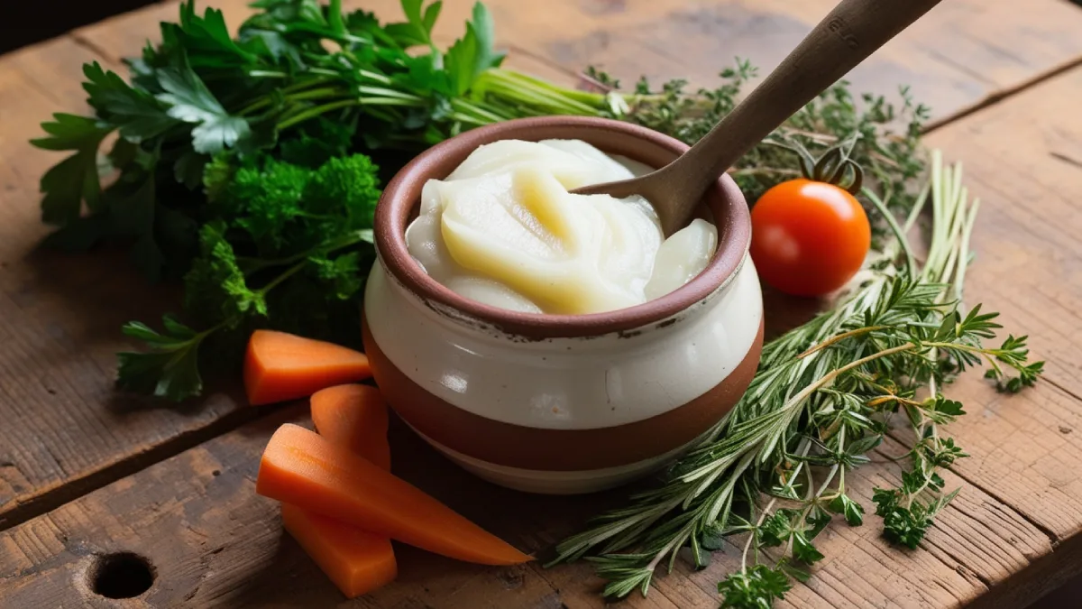 A image of beef tallow on the table with other things like fries, and tomato.