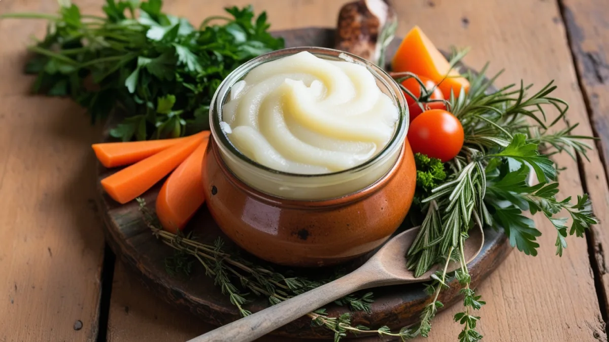 A image of beef tallow on the table with other things like fries, and tomato.