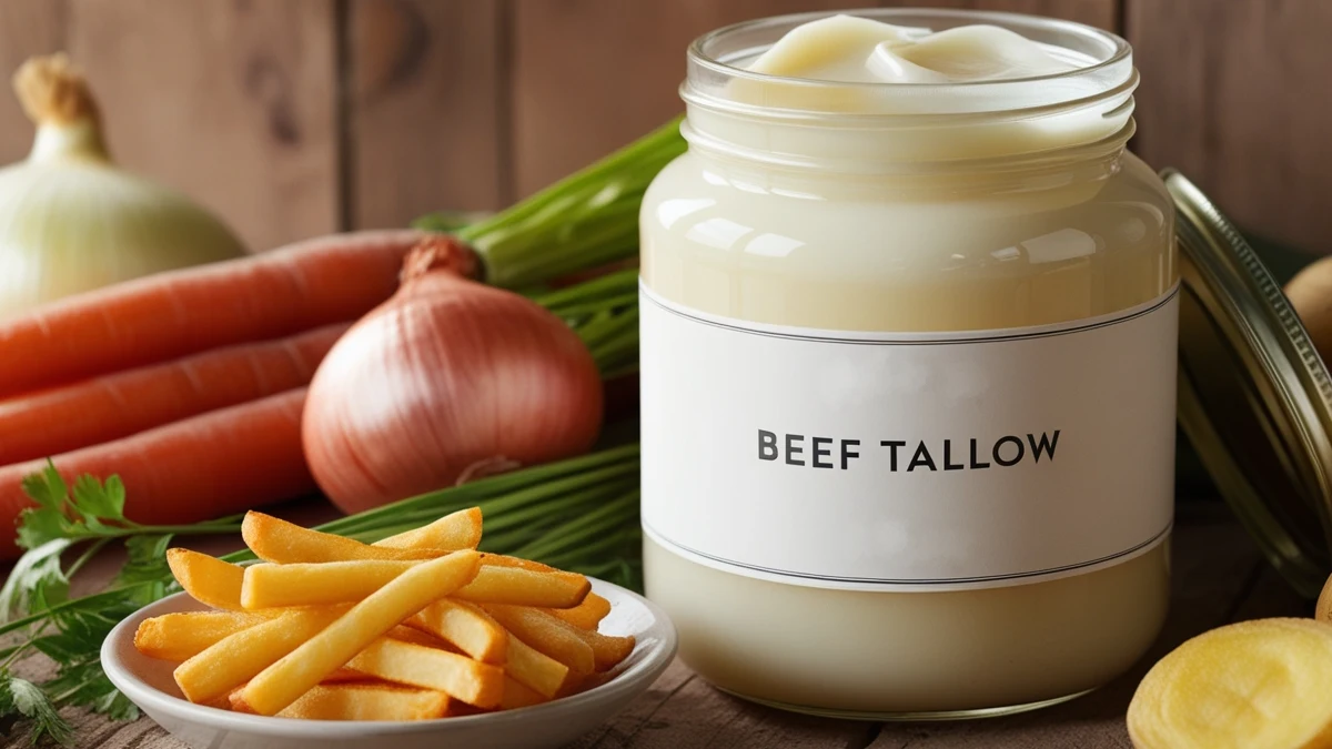 A image of beef tallow on the table with other tings like fries, onion. carrot.