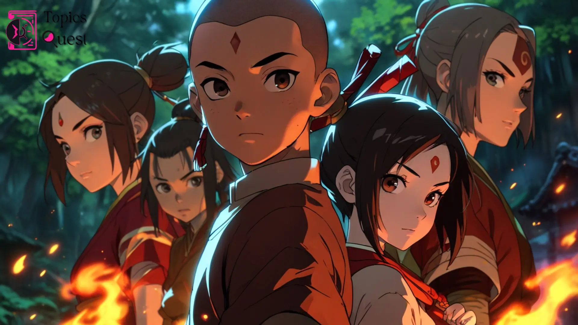 Group of anime-style warriors with fire powers in a forest – Is Avatar an Anime?