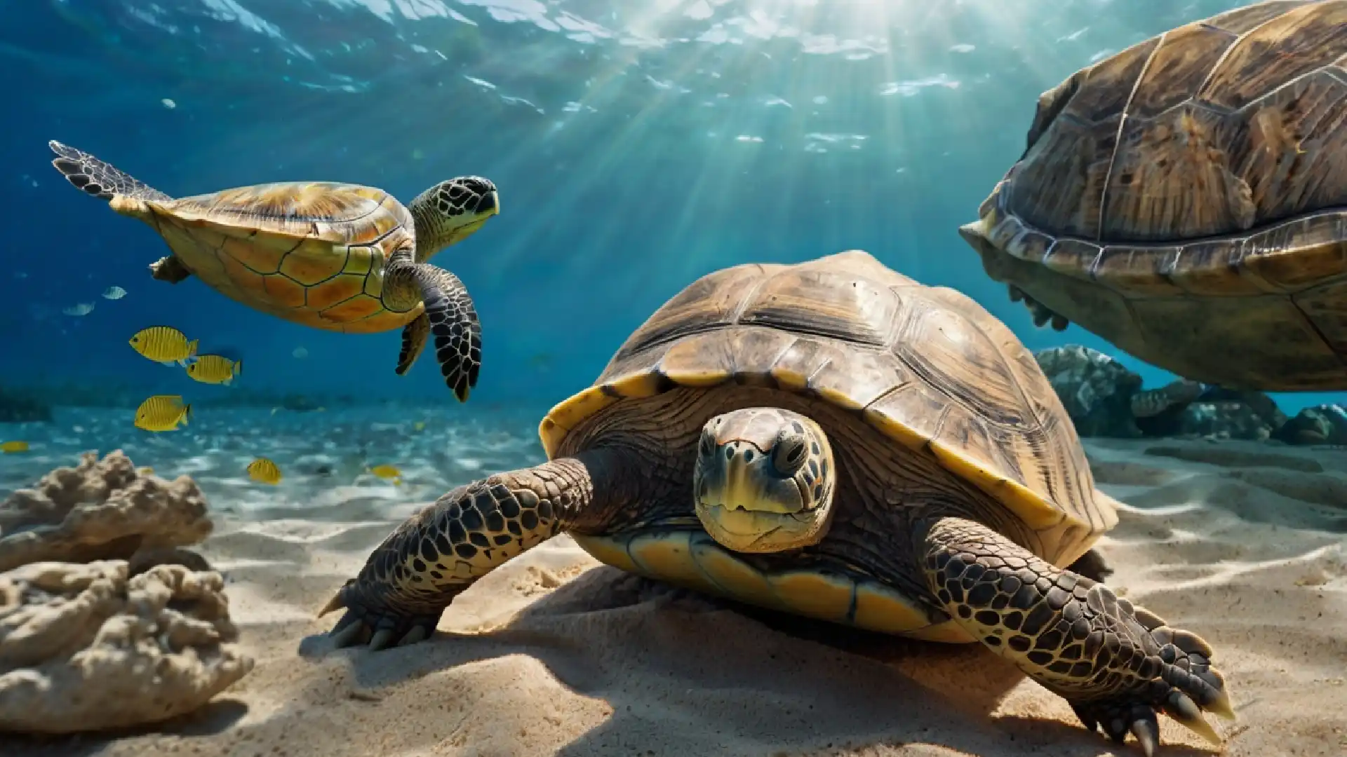 how big do sea turtles get - A large leatherback sea turtle near the ocean floor displaying its size.