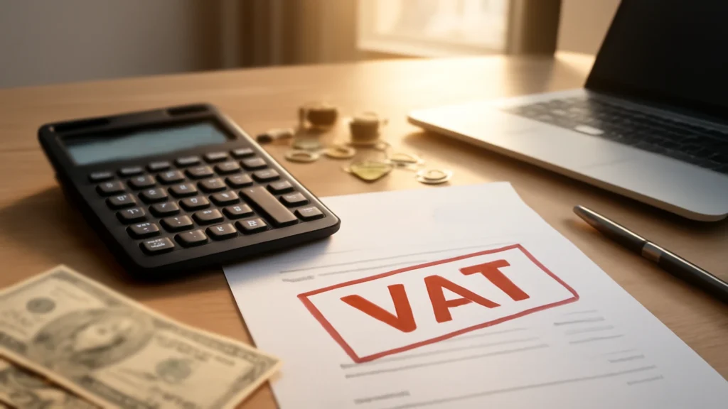 A paper with VAT written on it, calculator and money on desk showing what is VAT used for in business.