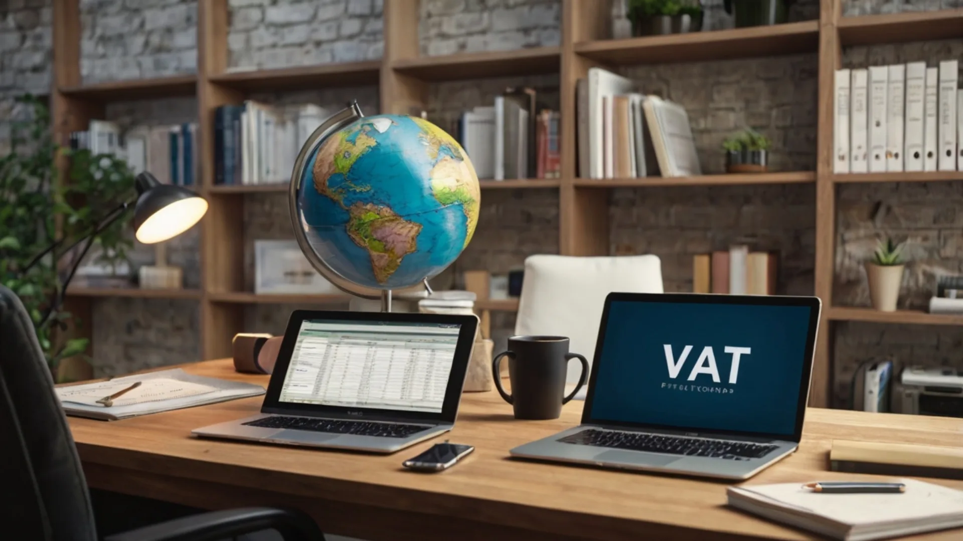 Two laptops on office desk with VAT on screen explaining what VAT is for global businesses.