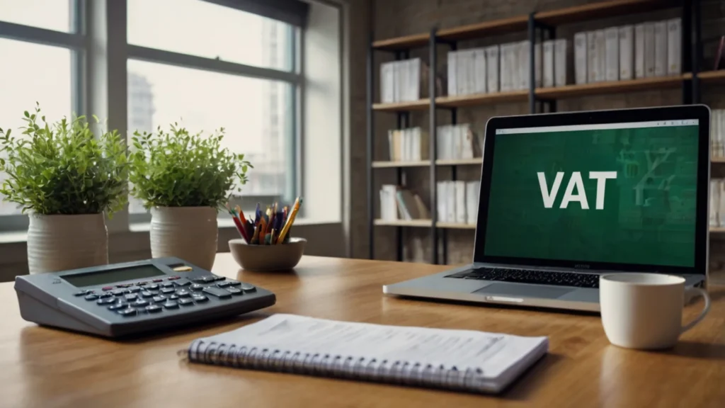 Office setup with calculator and laptop showing what is VAT tax and how it is calculated.