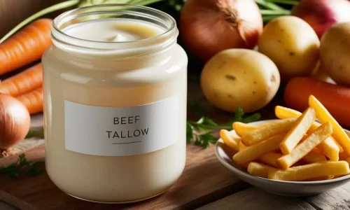 A picture of beef tallow on the table with other tings like fries, onion. carrot.