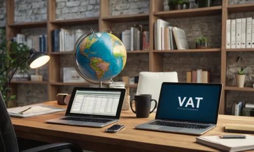 Two laptops on office desk with VAT on screen explaining what VAT is for global businesses.